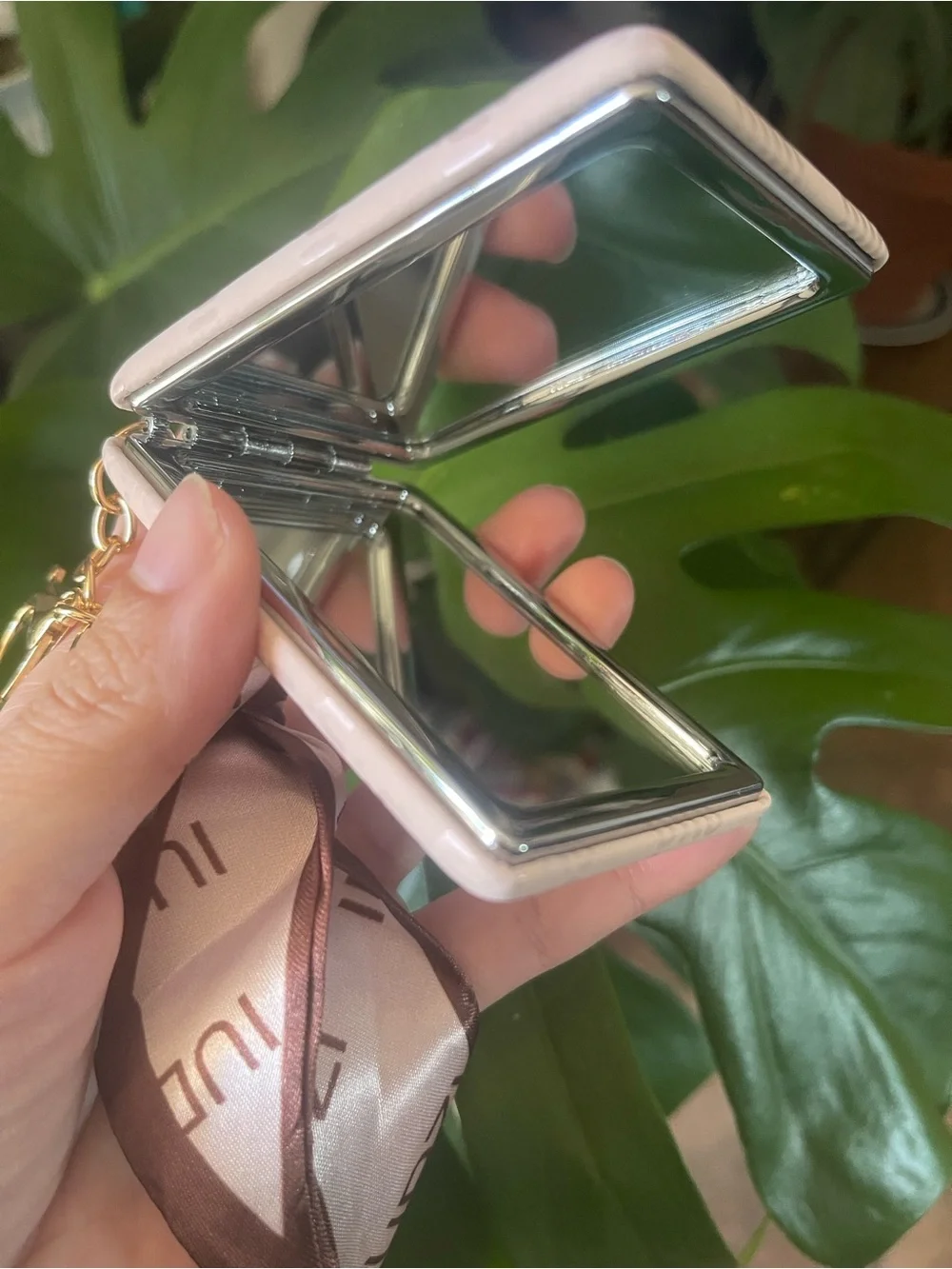 Pastel Pink Mirror Keychain with Scarf